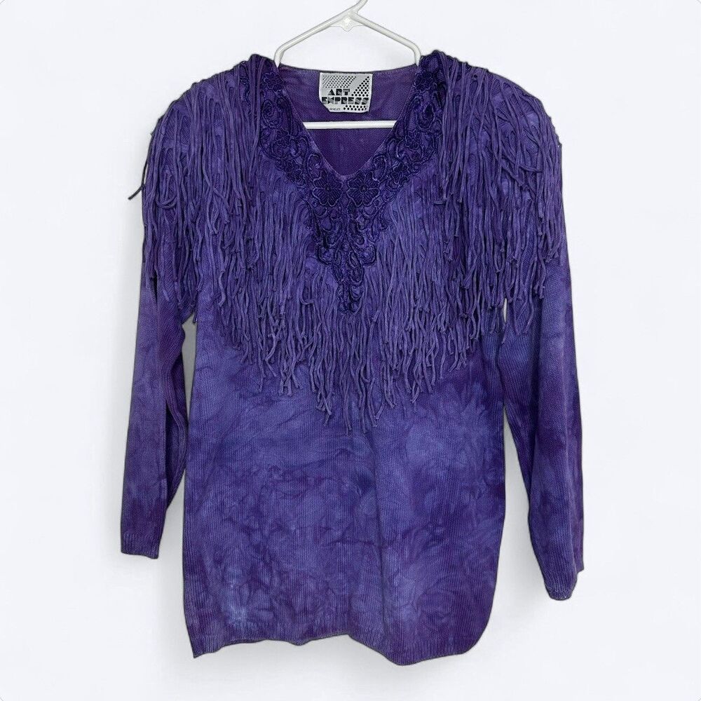 Vintage Art Express Purple Tie Dye Sweater One Size Fringe 80s Glam Western USA - Picture 2 of 14